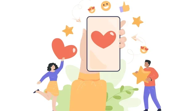 Hand holding phone with heart on screen flat vector illustration